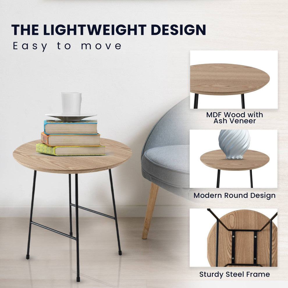 LeisureMod Rossmore Modern Round Side Table With Black Steel Frame, Natural Wood
