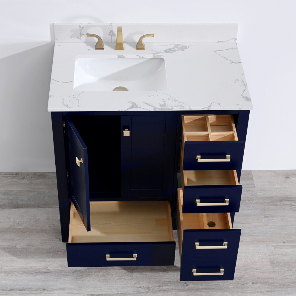 36" W Freestanding Bath Vanity, Navy Blue with Fish Belly Engineered Top