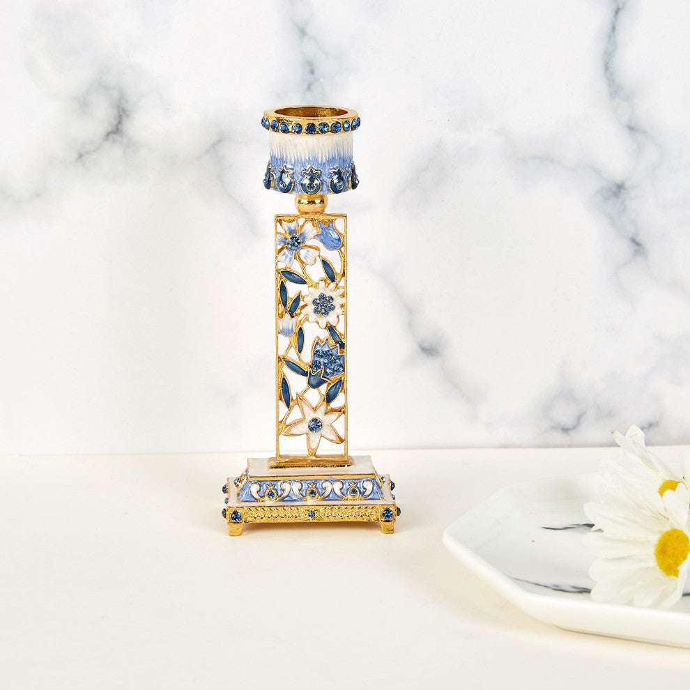 Matashi Shabbat Candlestick Holder (2-Piece Set) Hand-Painted,  Pewter(Blue)