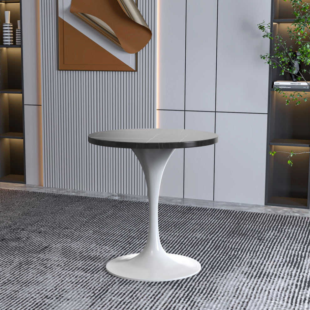 27 Round Dining Table, White Base with Sintered Stone Black Top