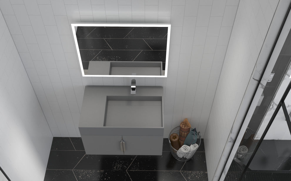 CastelloUSA Amazon 30" Right Wall Mounted Bathroom Vanity Set, Gray, Gray Top, Brushed Nickel