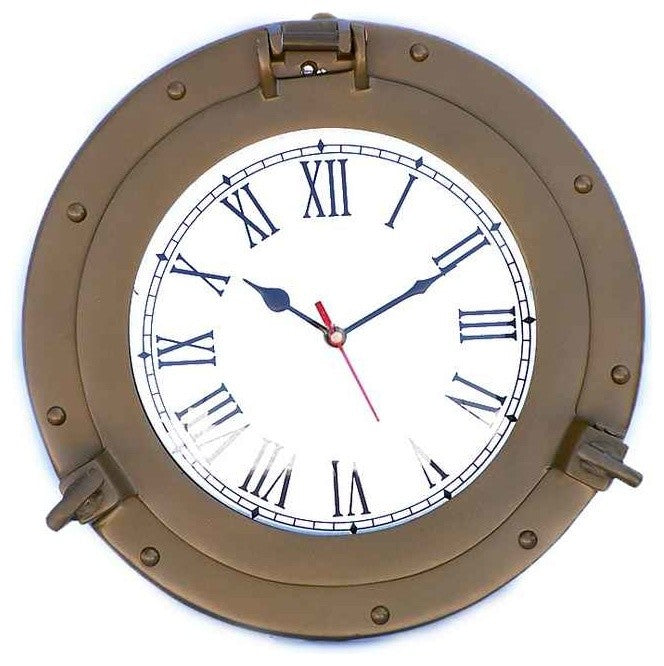 Decorative Ship Porthole Clock, Antique Brass, 12"