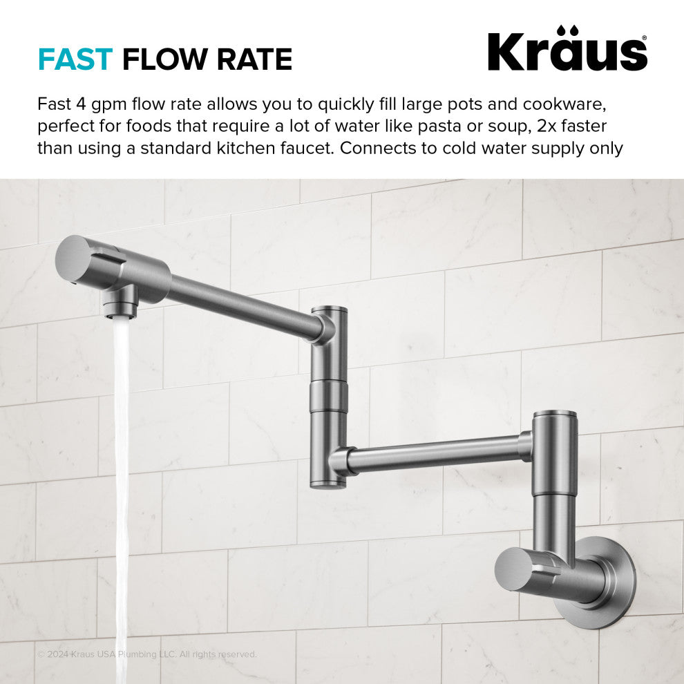 KRAUS Bolden 2 Handle Wall Mount Pot Filler Faucet, Retractable Arm, SFS