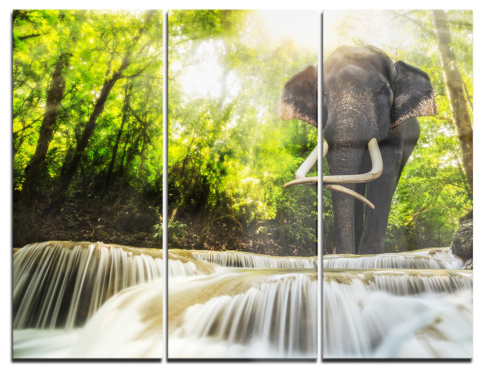 "Erawan Waterfall With Elephant" Photography Metal Wall Art, 3 Panels, 36"x28"