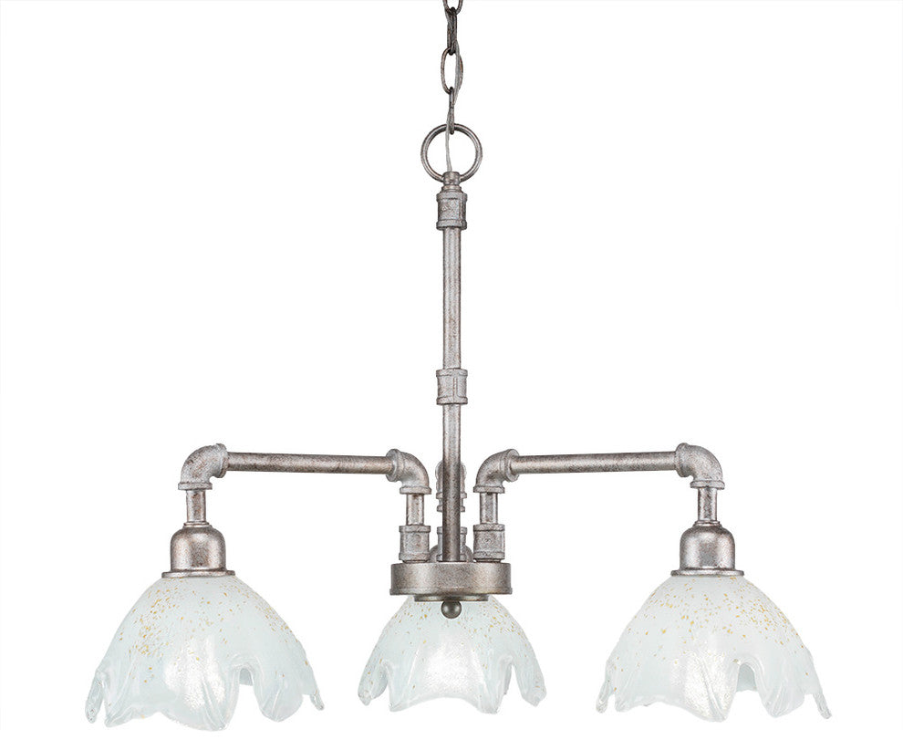 Vintage 3 Light Chandelier, Aged Silver Finish With 7" Gold Ice Glass