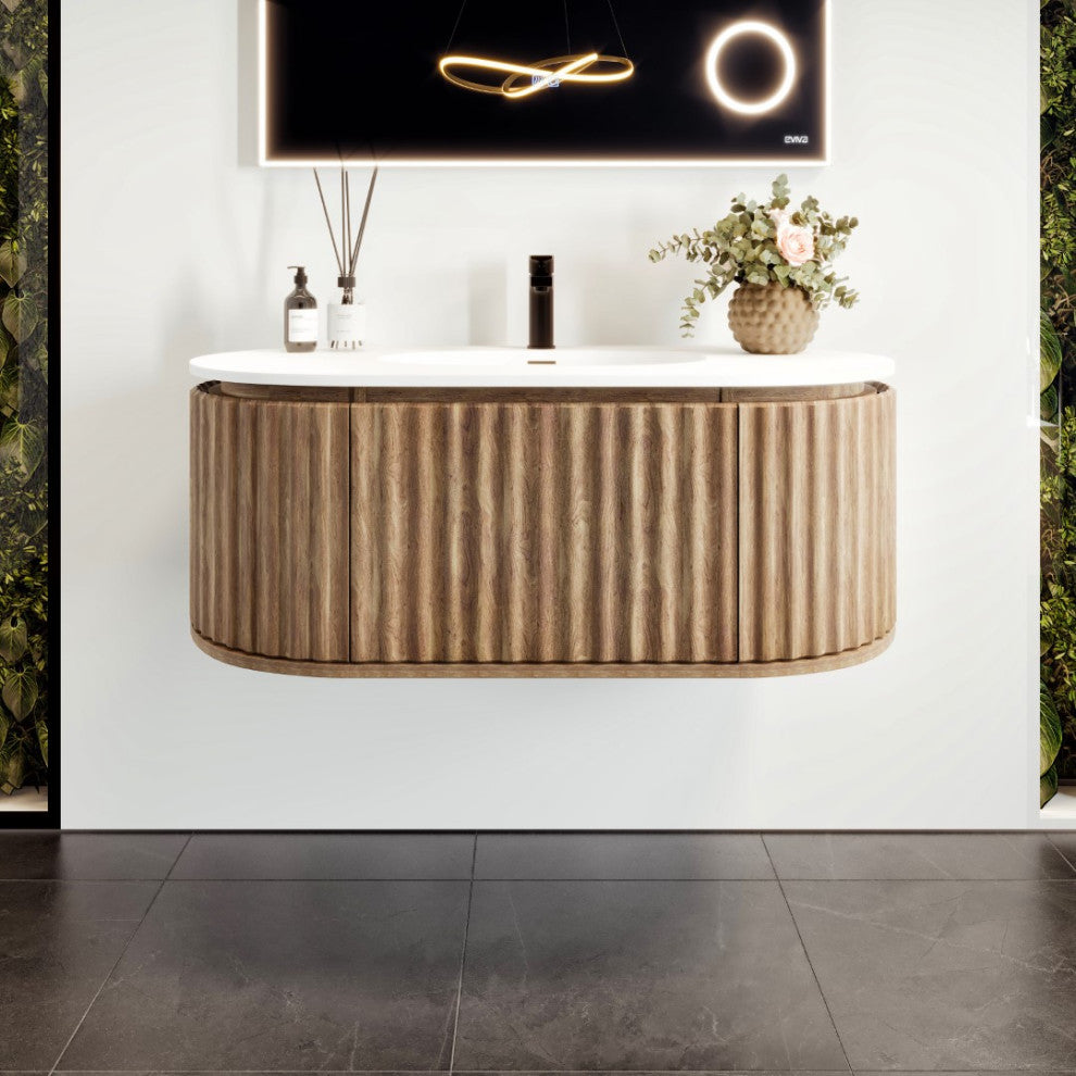 Eviva Haven 39" Medium Oak Wall Mount Vanity, White Solid Surface Integrated Top