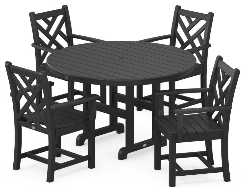 Polywood Chippendale 5-Piece Round Farmhouse Arm Chair Dining Set, Black