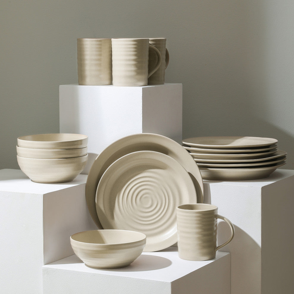 Stone Lain Orbit Stoneware 16-Piece Dinnerware Set, With Mugs, Beige