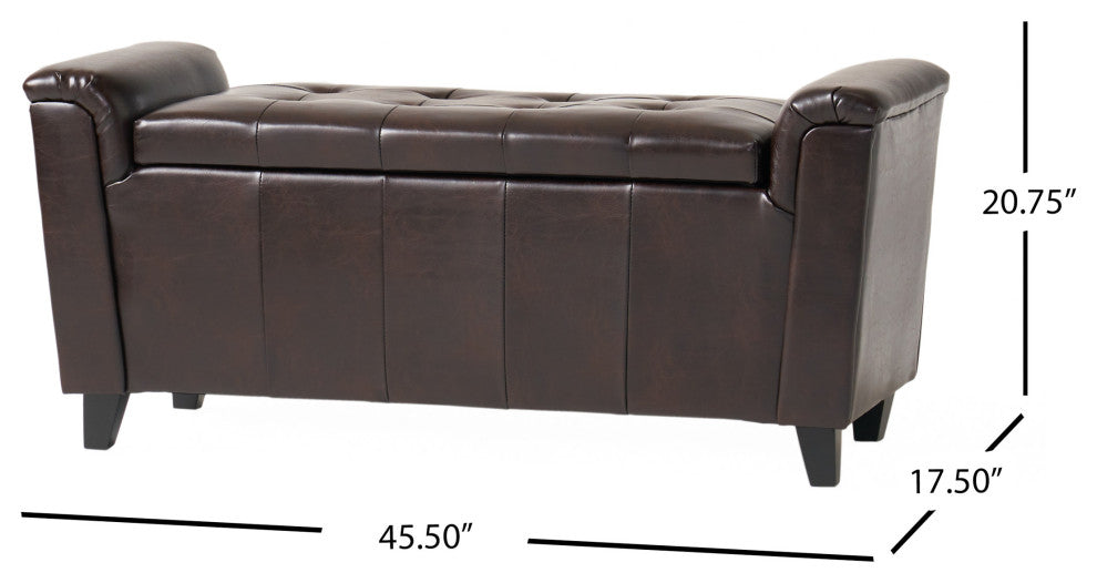 GDF Studio Arthur Armed Storage Ottoman Bench, Tufted Seat, Brown Leather
