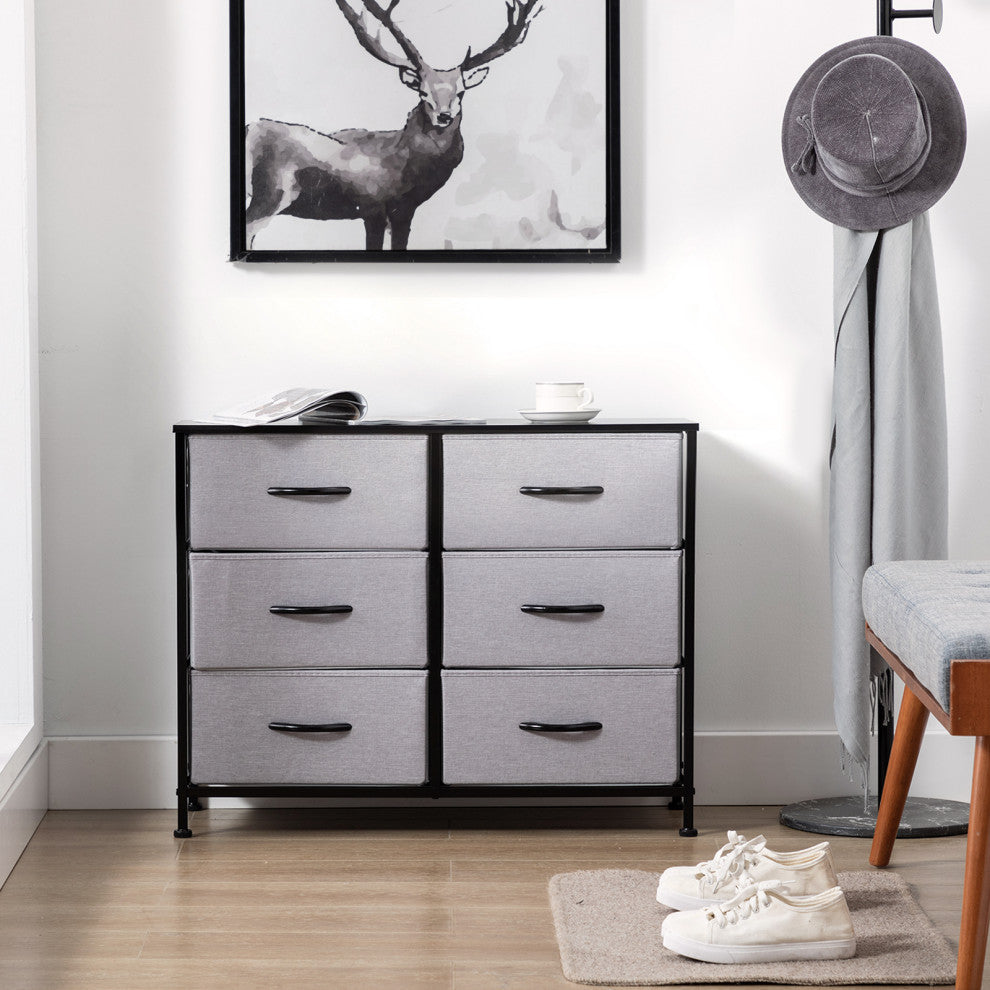 6 Fabric Drawers Steel Frame Double Dresser, Grey