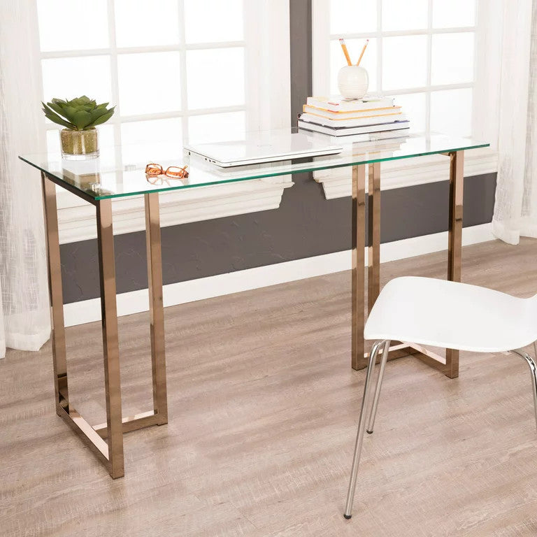 Contemporary Desk, Champagne Finished Metal Base With Clear Tempered Glass Top