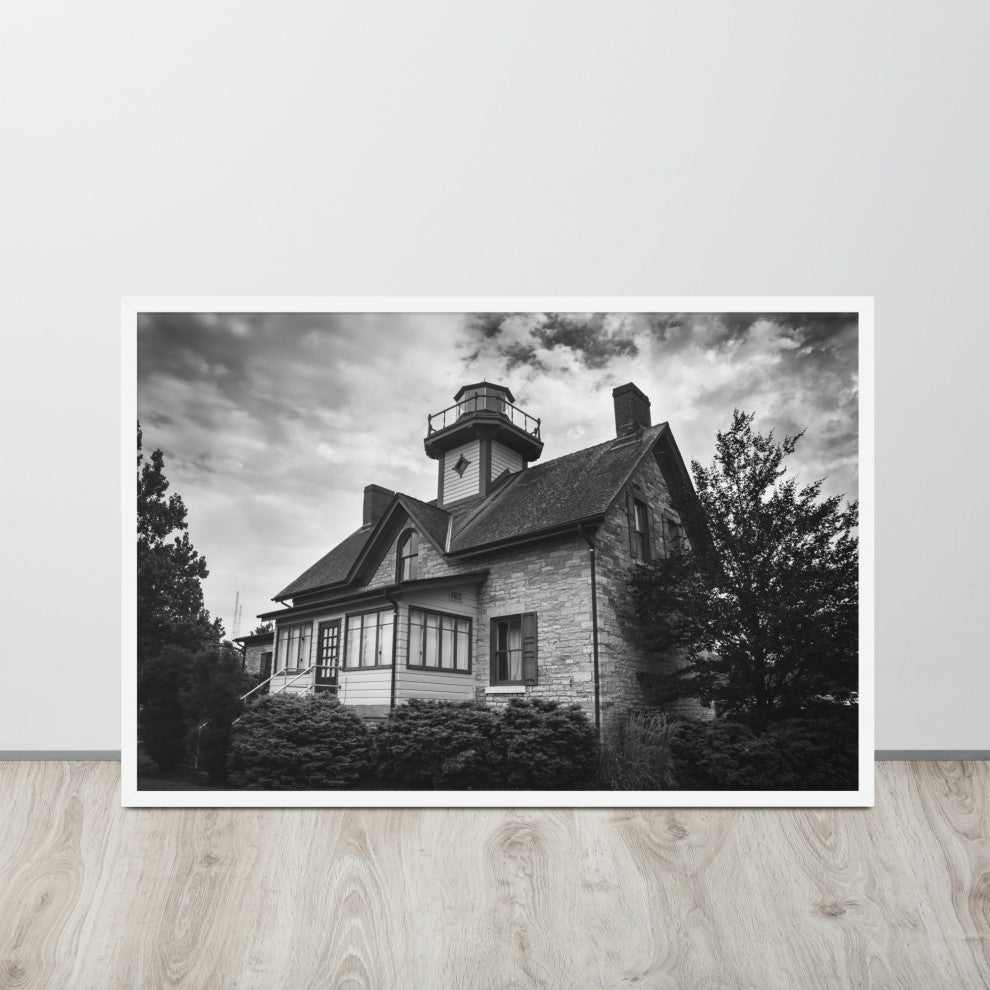 Cedar Point Lighthouse in Black and White Framed Photo Paper Wall Art Prints, White, 24" X 36"