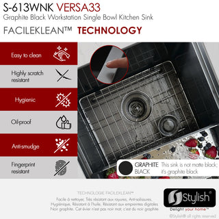 STYLISH 33 Undermount 33" Workstation 16G Single-Bowl Graphite Kitchen Sink