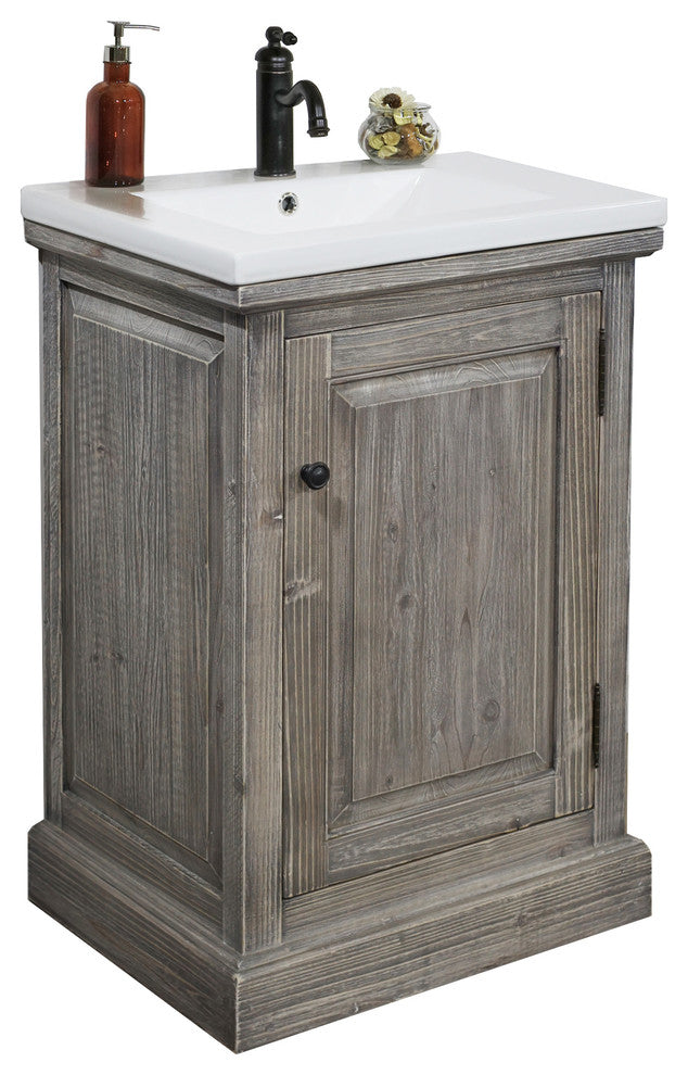 24" Rustic Solid Fir Vanity With Ceramic Single Sink, Gray, No Faucet
