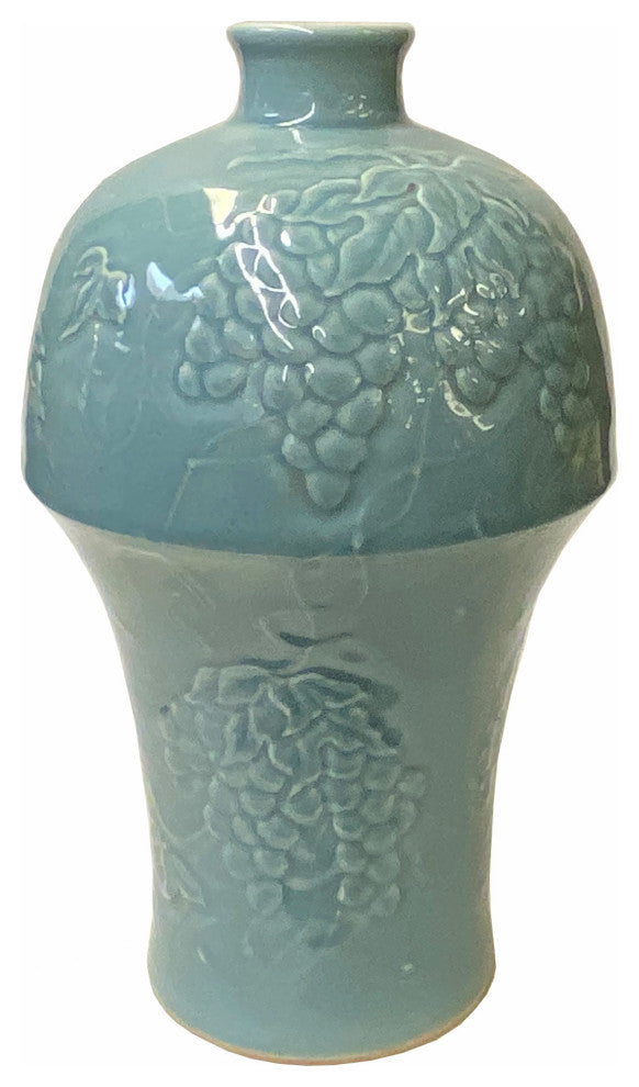 Handmade Oriental Pastel Blue Porcelain Vase with Grapes Motif Hws1831