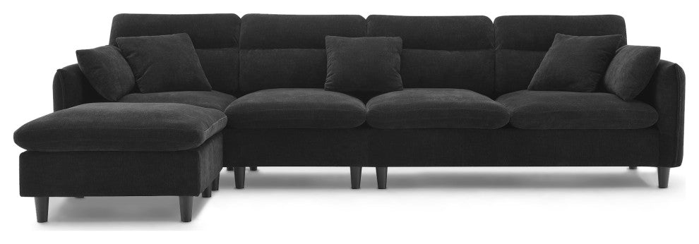 GDF Studio Modern Convertible L-Shaped Sectional Sofa With Ottoman, Black