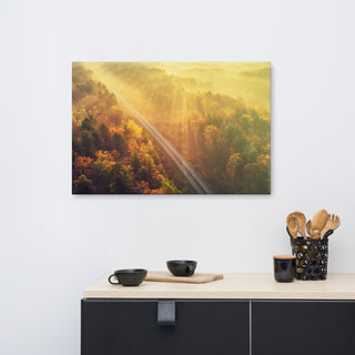 Sunrise Railroad Misty Forest Golden Haze Landscape Photo Canvas Art Print, 24" X 36"