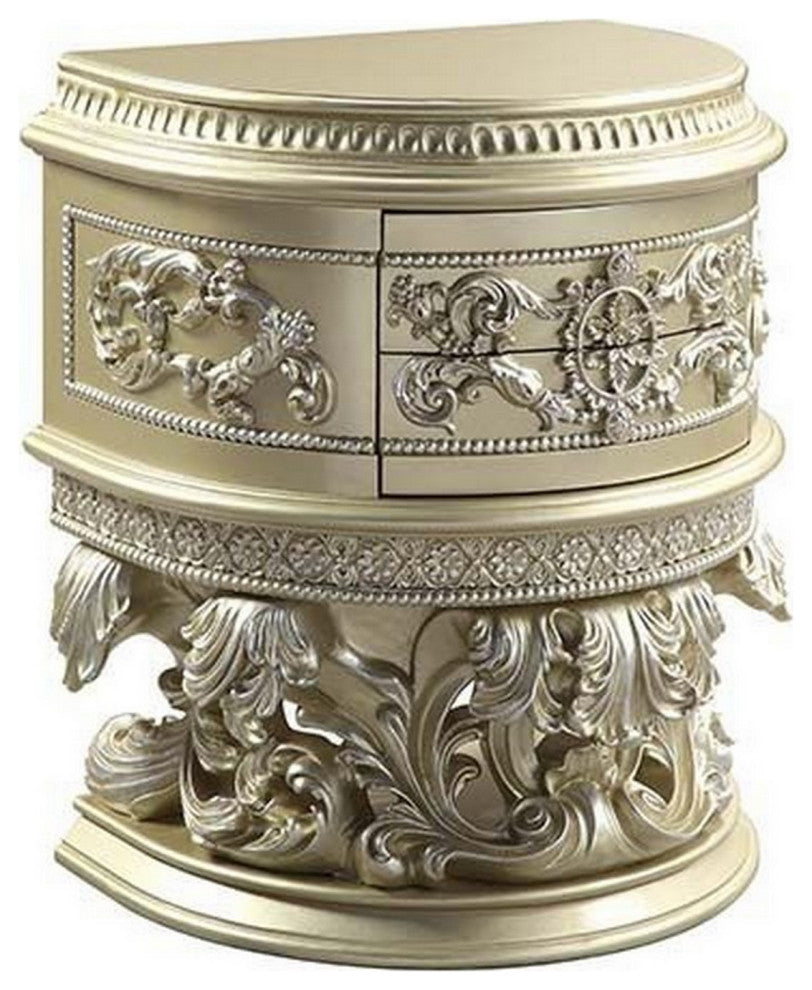 Benzara BM251164 Nightstand With Carvings and Half Moon Shape, Champagne Silver
