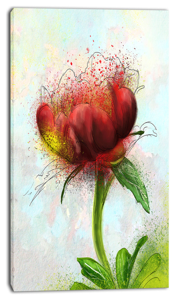 Cute Red Green Watercolor Flower, Floral Canvas Art Print, 16"x32"