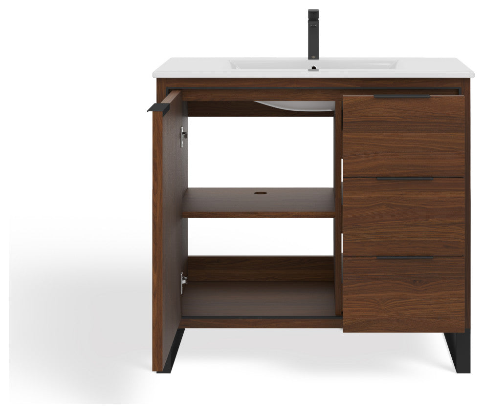 Bradford Bath Vanity, Walnut, 36", Black Hardware, Single Sink, Freestanding