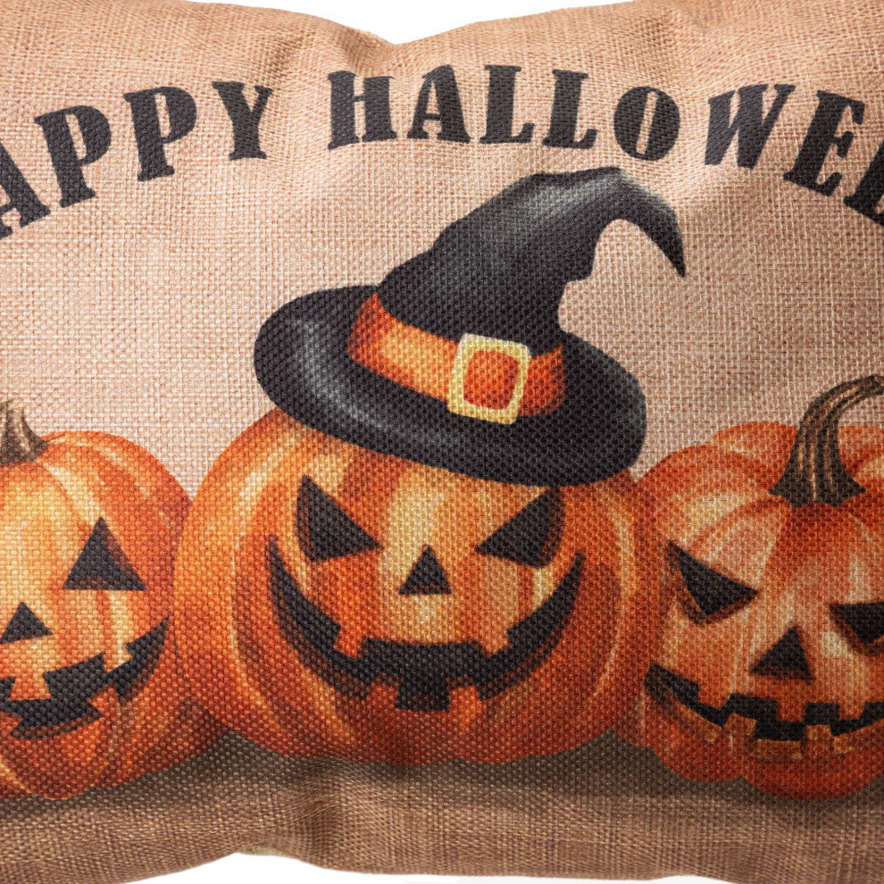 18"L Faux Burlap Happy Halloween Pumpkin Pillow