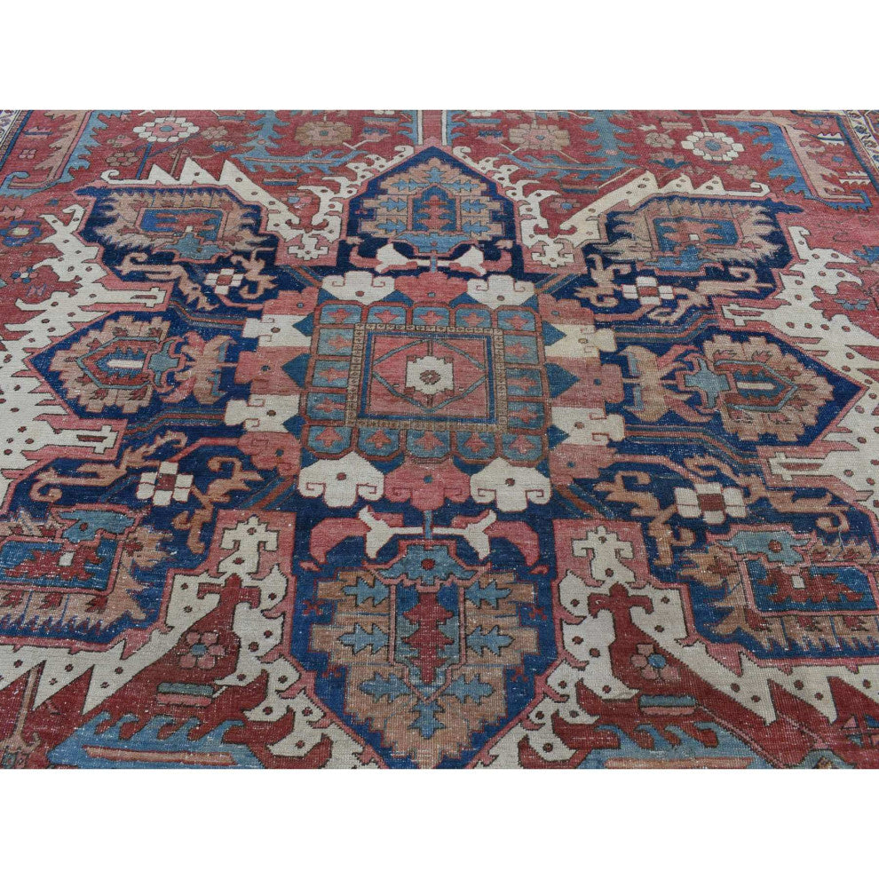 Blush Red Antique Persian Serapi Heriz Hand Knotted Pure Wool Rug, 12'3"x18'6"
