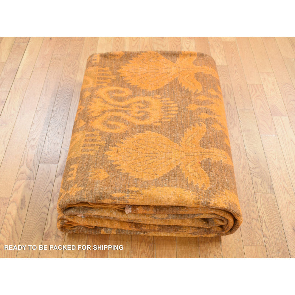 Hand Knotted Pure Wool, Orange Cast Overdyed Ikat Oriental Rug, 9'1"x12'3"
