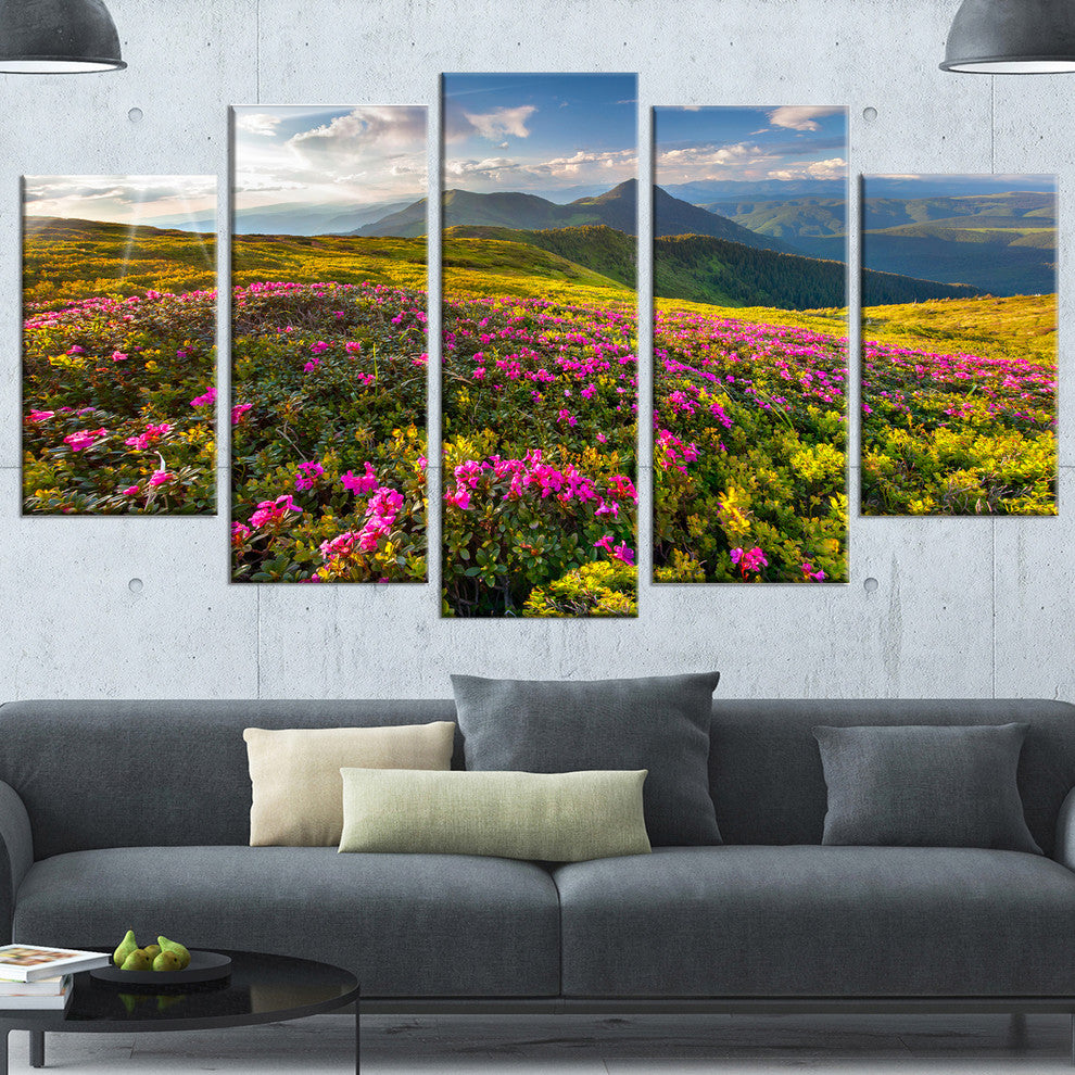 Summer Day Rhododendron Flowers, Landscape Canvas Art Print, 60"x32", 5 Panels