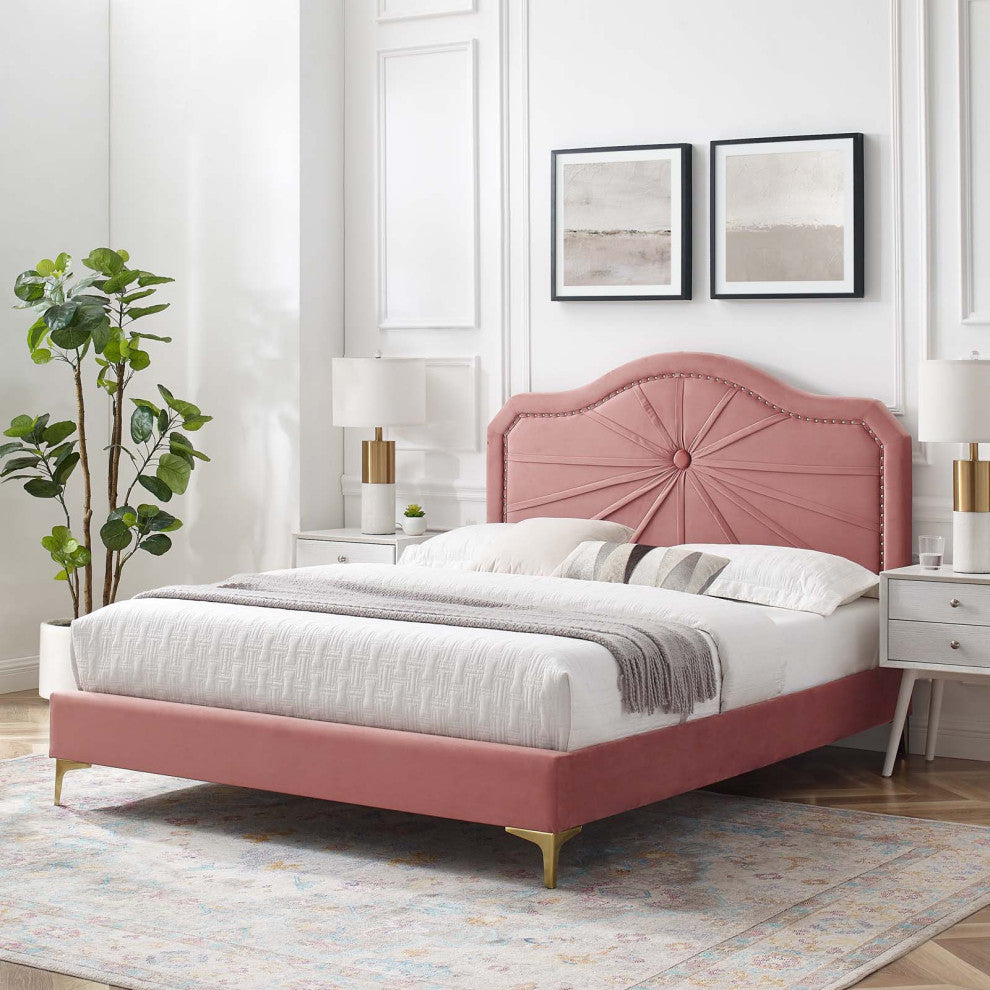 Platform Bed Frame, Twin Size, Velvet, Pink, Modern Contemporary, Bedroom Master