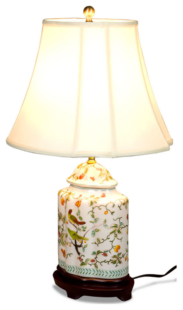 White Bird and Flower Motif Asian Porcelain Lamp