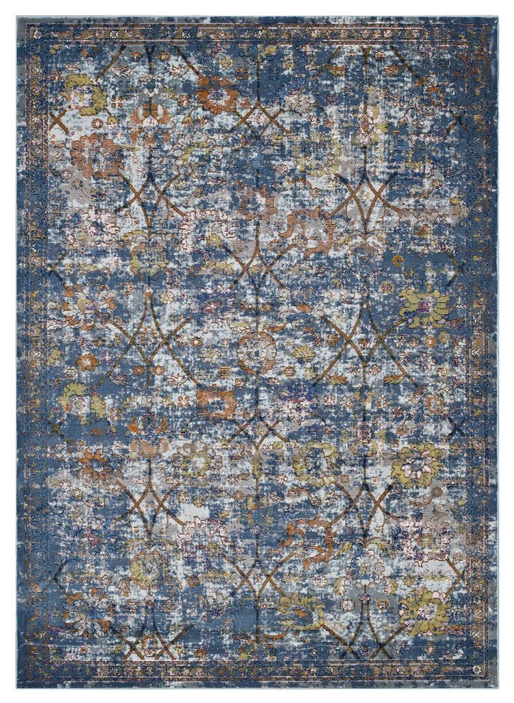 Blue Gray, Yellow and Orange Minu Distressed Floral Lattice 8x10 Area Rug