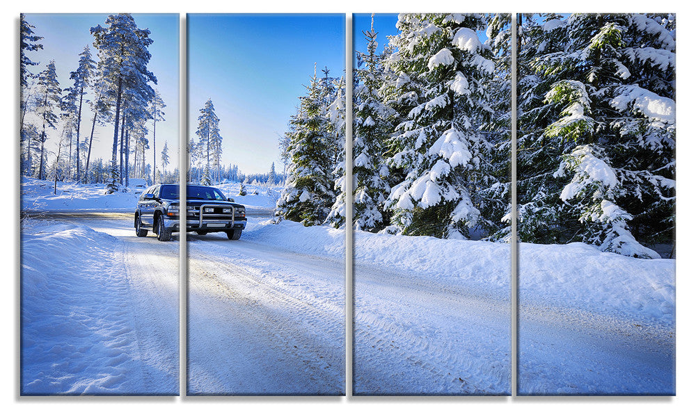 SUV Car Though Snowy Winter, Landscape Canvas Art Print, 48"x28", 4 Panels