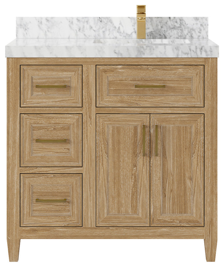 Santa Monica 36 Right Offset  Bath Vanity in Whitewashed Teak 2" Carrara Marble