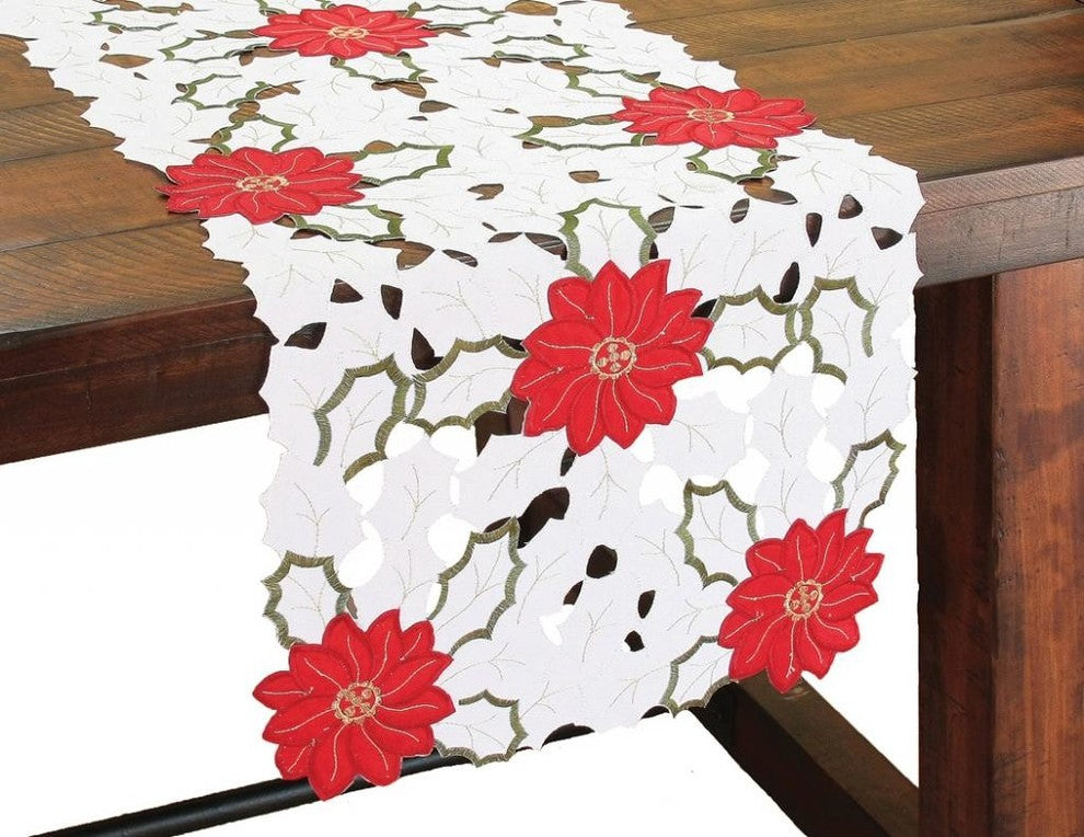 Holiday Poinsettia Embroidered Cutwork Mini Table Runner, 12x48
