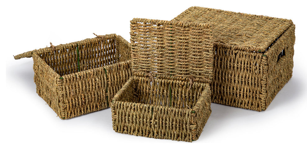 Natural Rustic Seagrass Storage Boxes, Set of 3, 11.5x9 inches, Brown