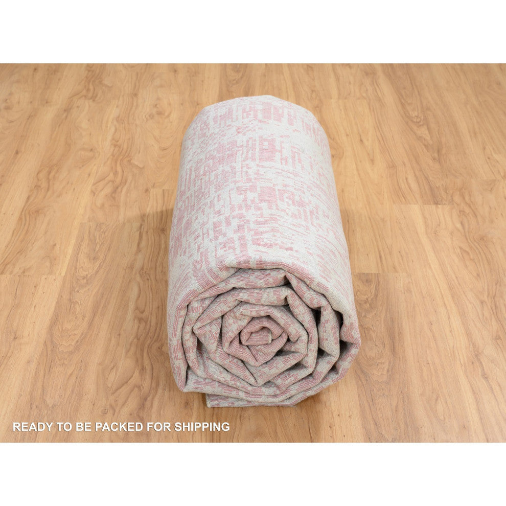 Rose Pink All Over Design Wool and Art Silk Jacquard Hand Loomed Rug, 10'x14'