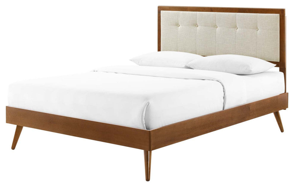 Platform Bed Frame, King Size, Wood, Brown Walnut Beige, Modern Mid-Century