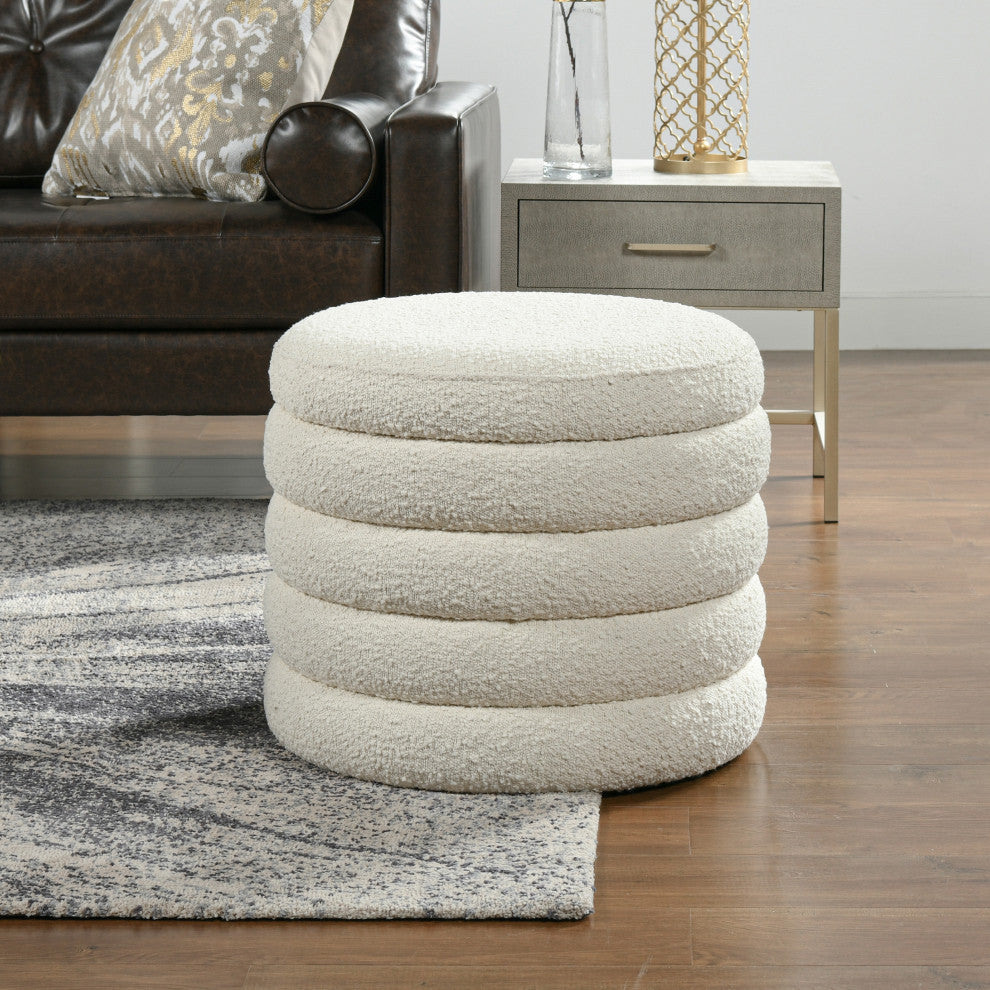 Fuji 19" Oversized Horizontal Tufted Round Storage Ottoman, Ivory White Boucle