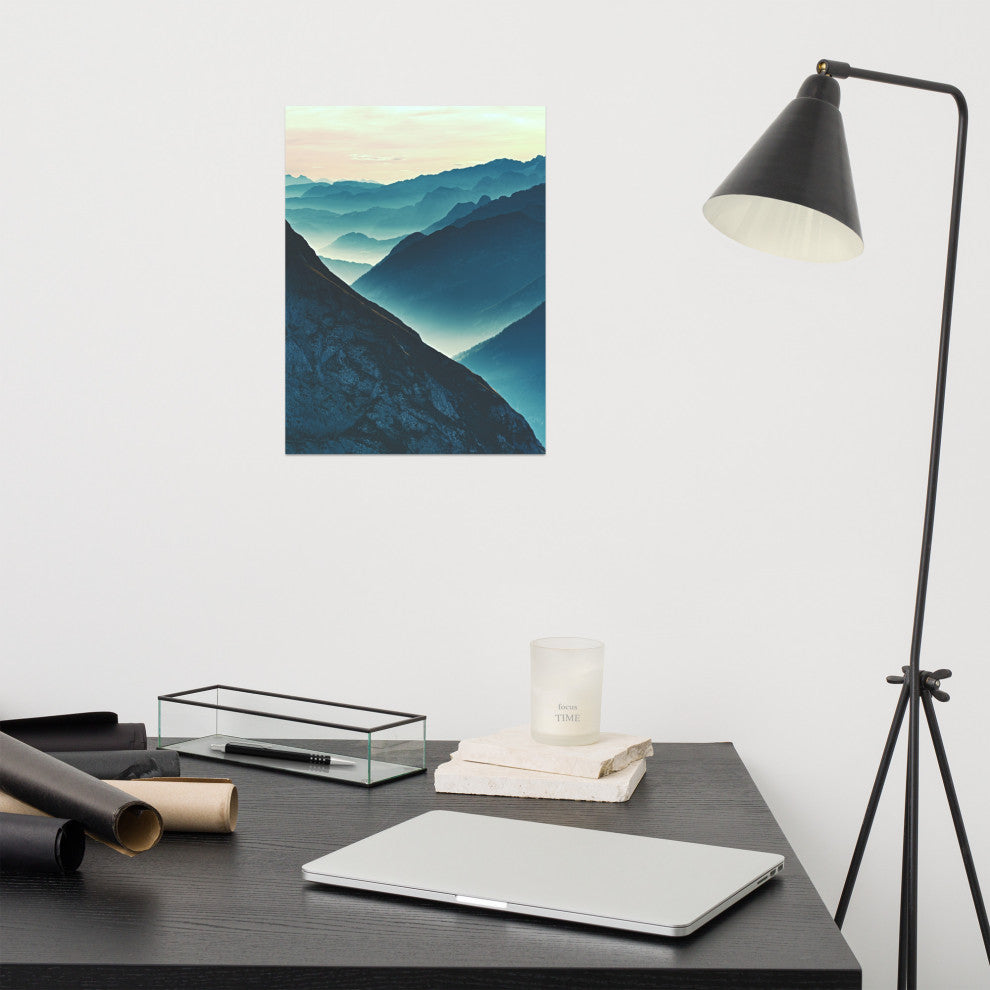 Misty Blue Silhouette Mountain Range Landscape Photo Unframed Wall Art Prints, 12" X 16"