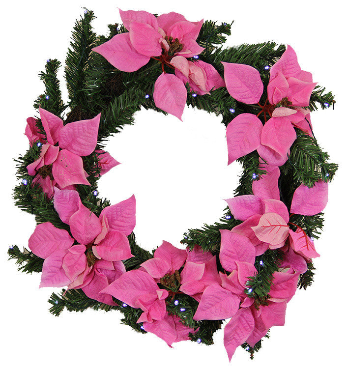 22" Pre-Lit B/O Artificial Poinsettia Christmas Wreath, Clear LED Lights, Pink
