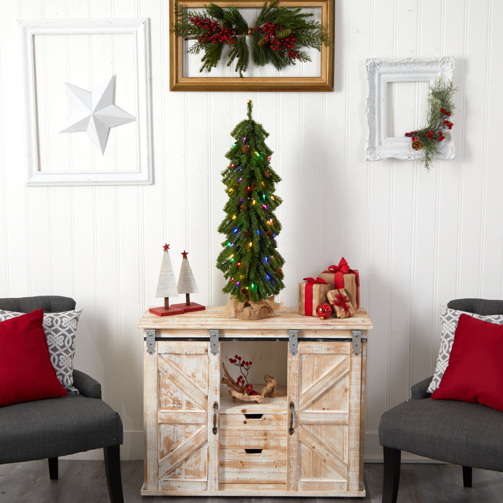 3' Faux Xmas Tree With Pinecones and 50 Multicolored Lights Set, a Burlap Base