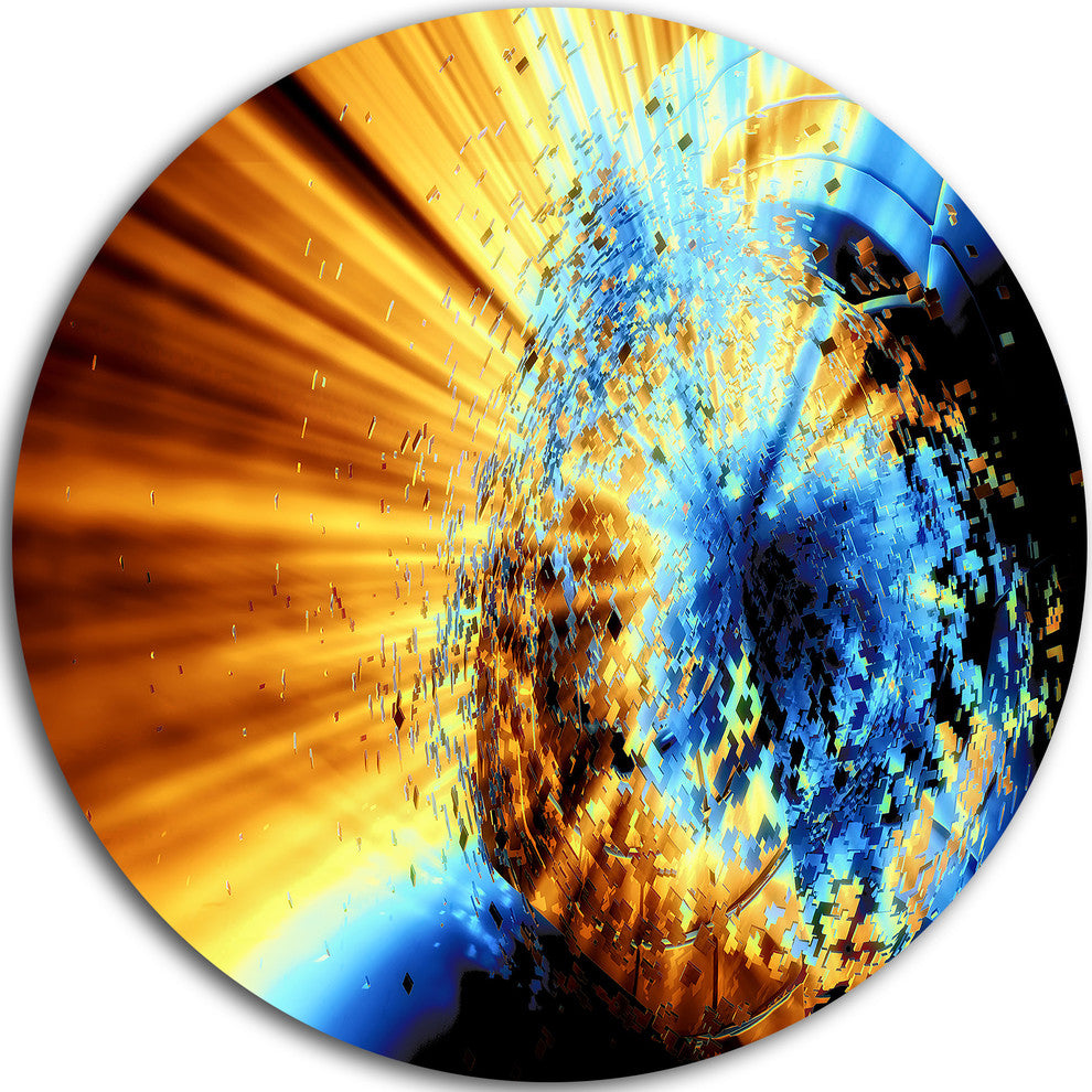 Fractal 3D Blue Brown Burst, Abstract Art Disc Metal Wall Art, 23"