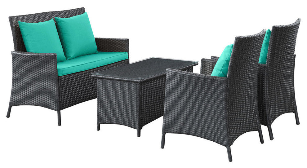 Modern Contemporary Outdoor Patio Rattan and Wicker 4 Pieces Sofa Set Turquoise