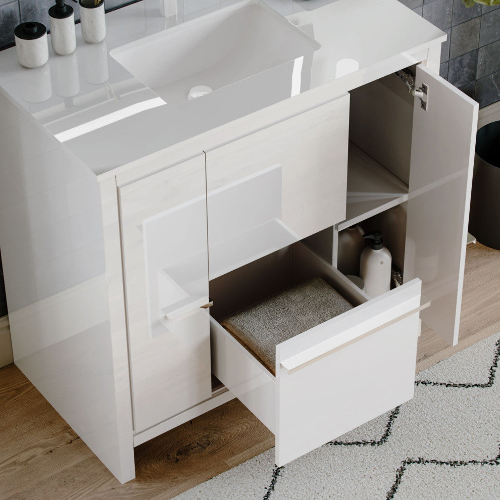 Esconde Bath Vanity, High Gloss White, 36", Single Sink, Freestanding