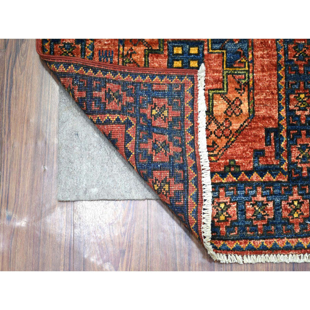 Coral Red Hand Knotted Afghan Ersari, Elephant Feet Design Wool Rug, 2'1" x 3'5"