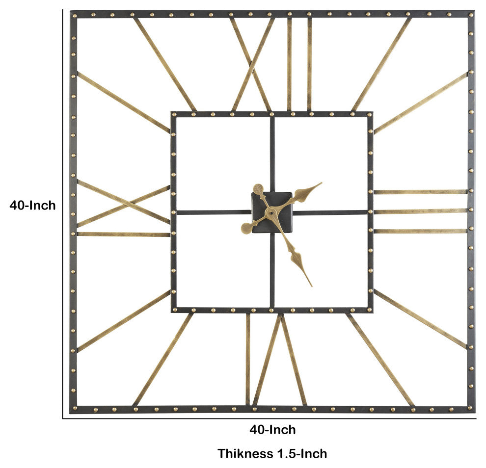 Benzara BM209367 Open Frame Metal Wall Clock With Roman Numerals, Black and Gold
