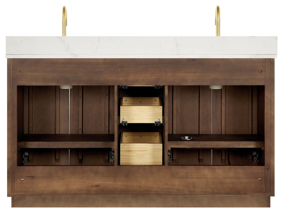 Oza Bath Vanity with Quartz Stone Top, Aged Dark Brown Oak, 60", Double Vanity, No Mirror