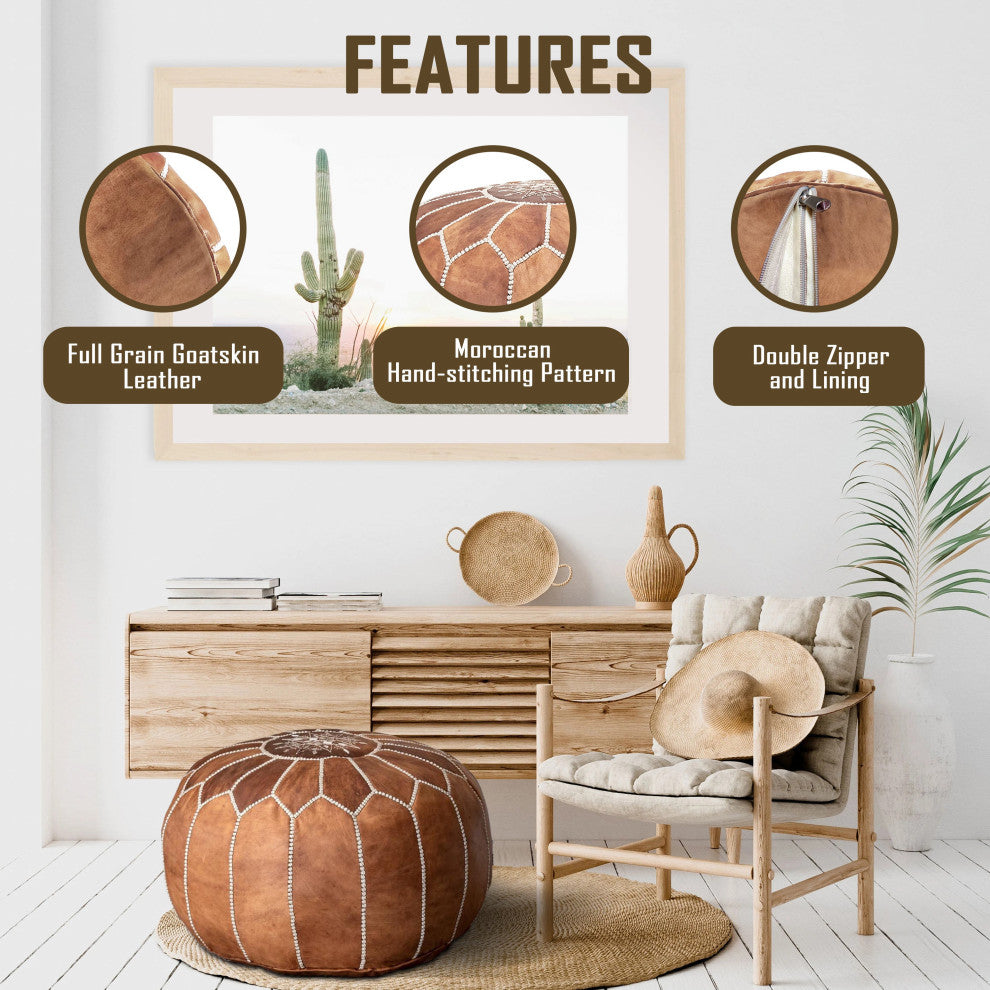 7 Colors Handmade Moroccan Ottomans, Genuine Leather Poufs, Tan