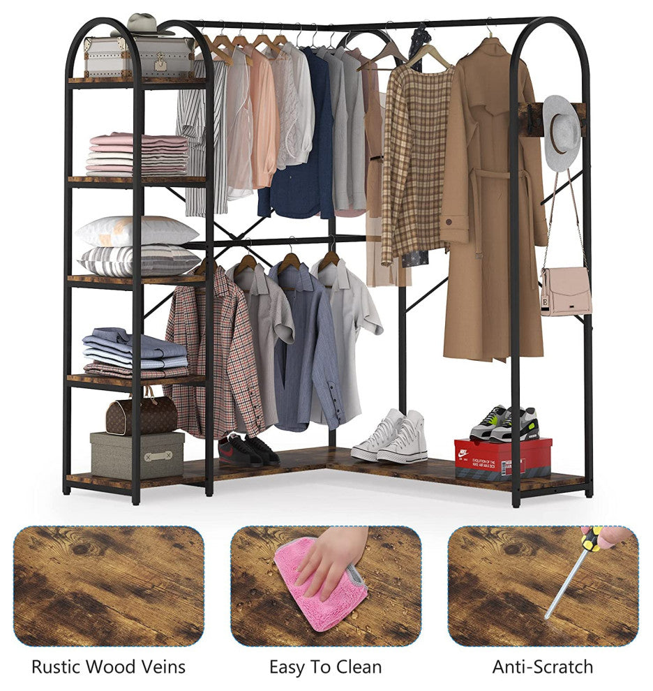 Tribesigns L Shaped Closet Organizer, Freestanding Corner Clothes Rack, Brown