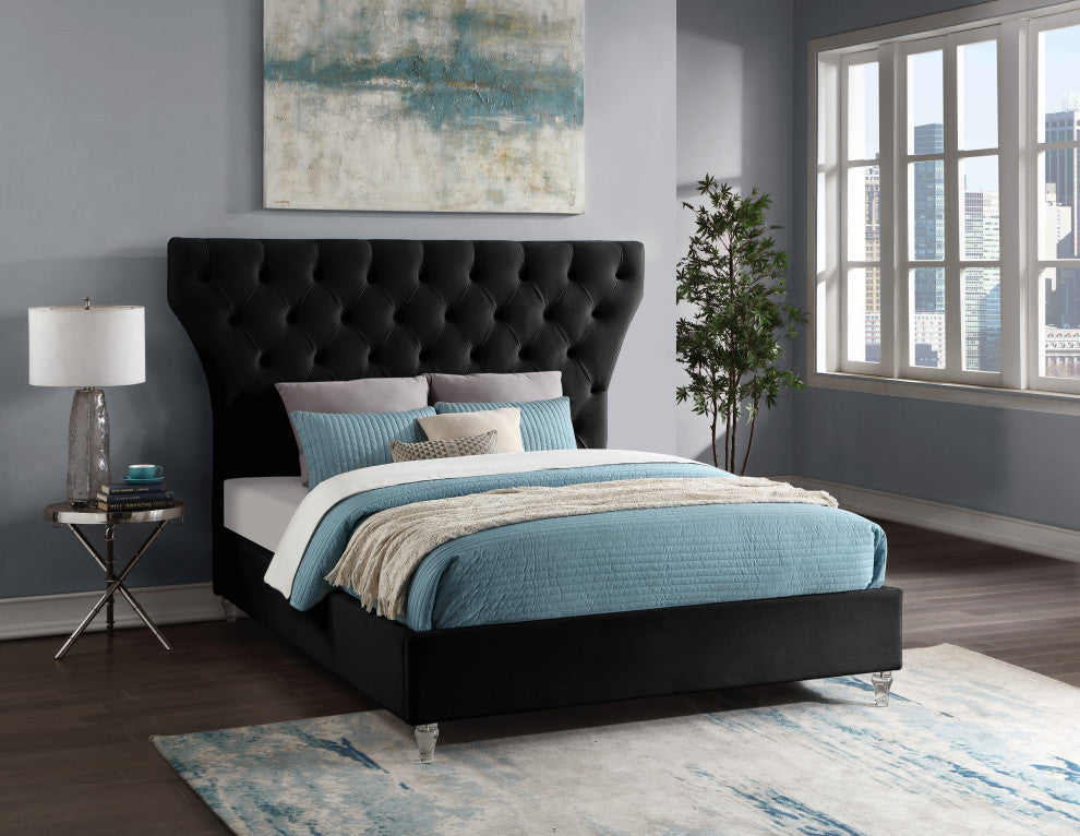 Kira Velvet Upholstered Bed, Black, Queen